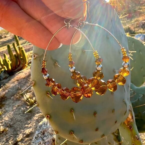 Golden Crystal Beaded Hoop Earrings - Picture 7 of 8